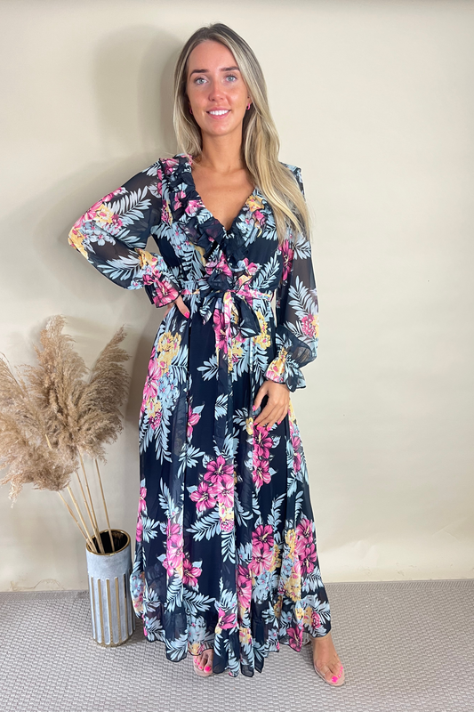 Elegante zwarte bloemen V-hals maxi jurk voor een chique en stijlvolle uitstraling