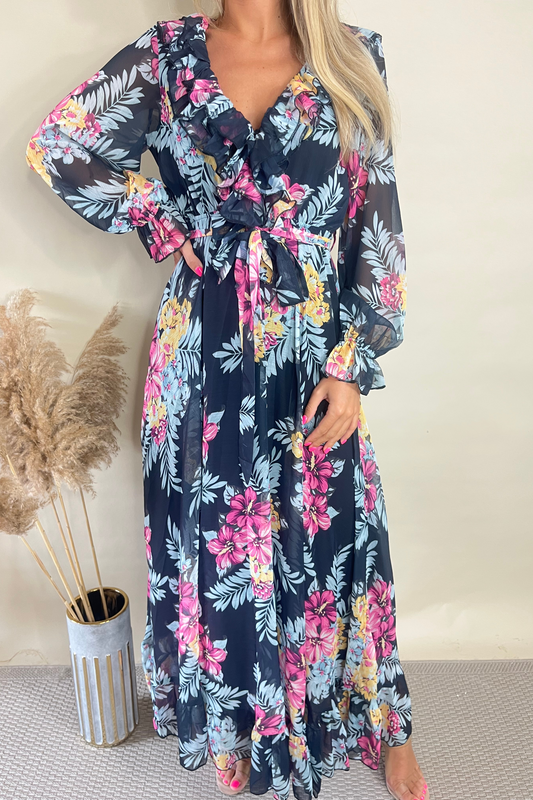 Elegante zwarte bloemen V-hals maxi jurk voor een chique en stijlvolle uitstraling