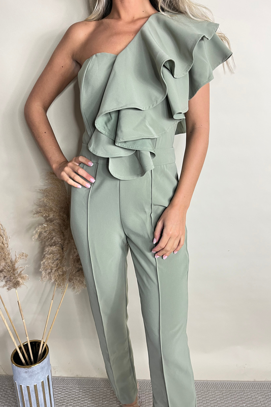 Elegante Saliegroene Een- Schouder Ruffle Jumpsuit voor Stijlvolle Gelegenheden